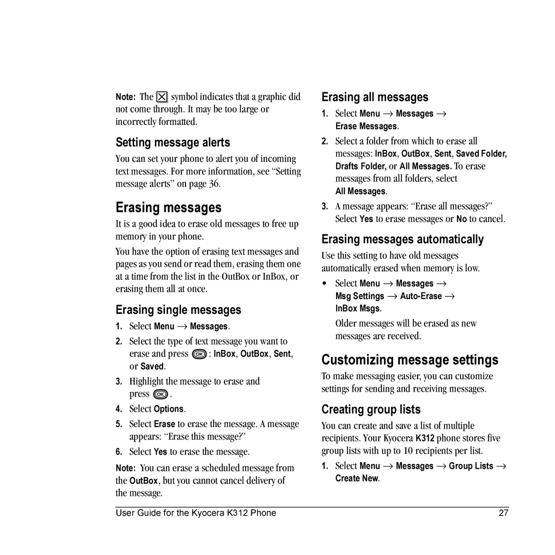 Kyocera K312 manual Erasing messages, Customizing message settings 