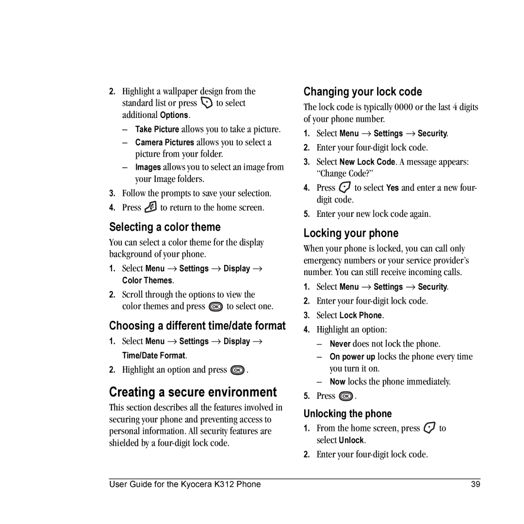 Kyocera K312 manual Creating a secure environment, Selecting a color theme, Choosing a different time/date format 