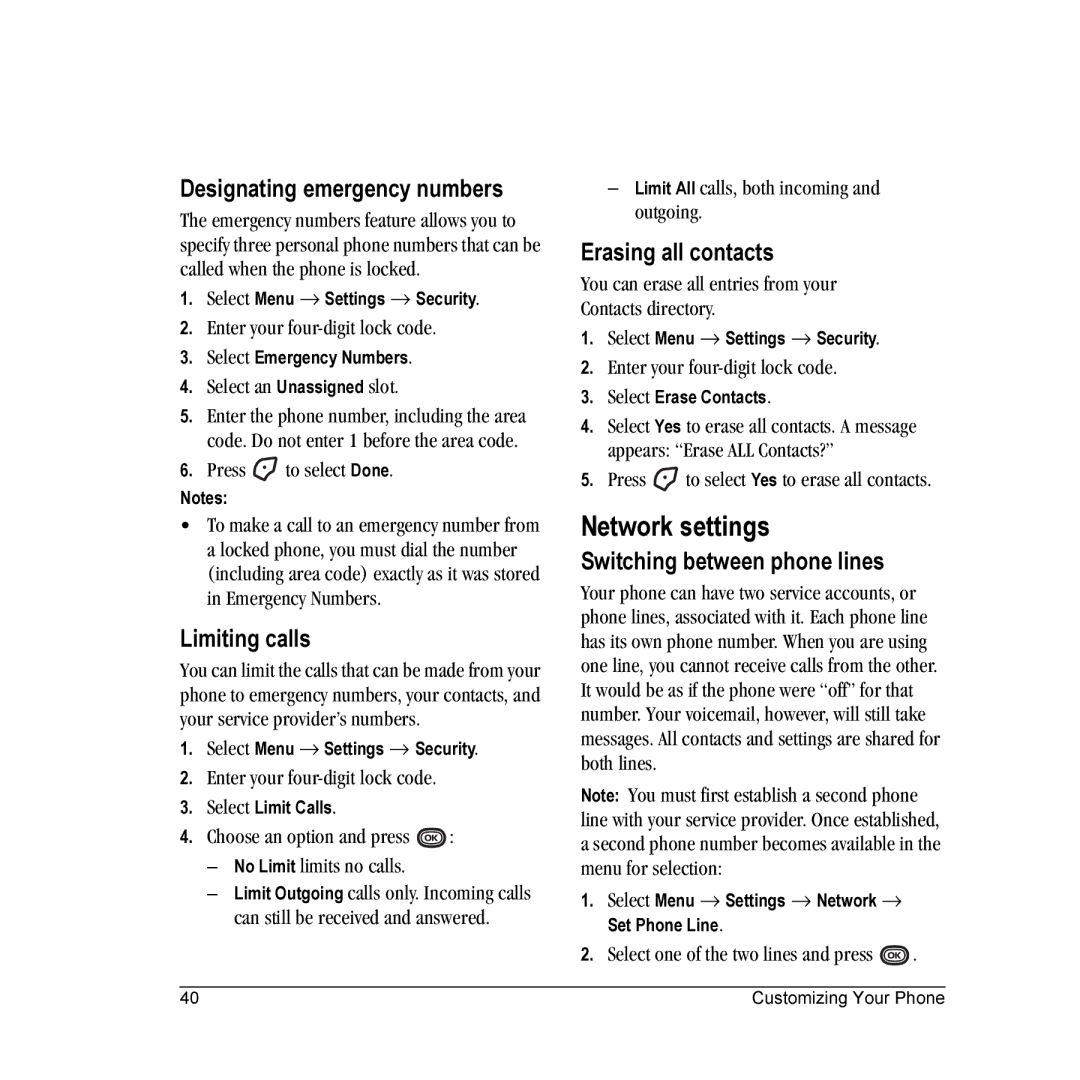 Kyocera K312 manual Network settings, Designating emergency numbers, Limiting calls, Erasing all contacts 