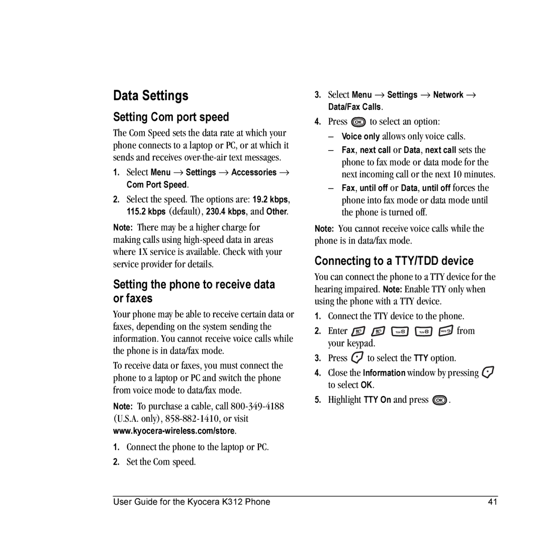 Kyocera K312 manual Data Settings, Setting Com port speed, Setting the phone to receive data or faxes 