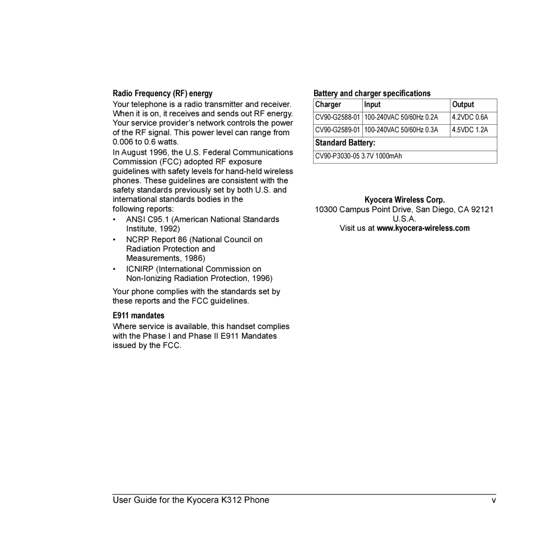 Kyocera K312 manual Standard Battery 