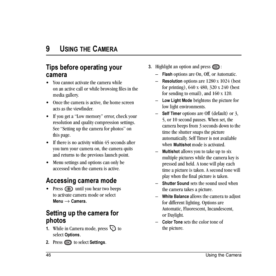 Kyocera K312 manual Tips before operating your camera, Accessing camera mode, Setting up the camera for photos 