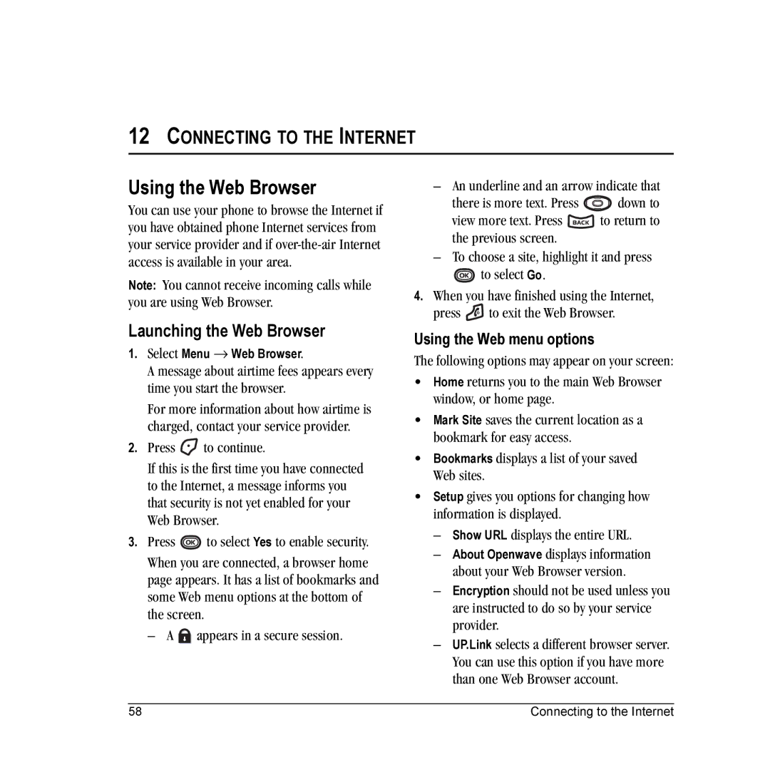 Kyocera K312 manual Using the Web Browser, Launching the Web Browser, Using the Web menu options 