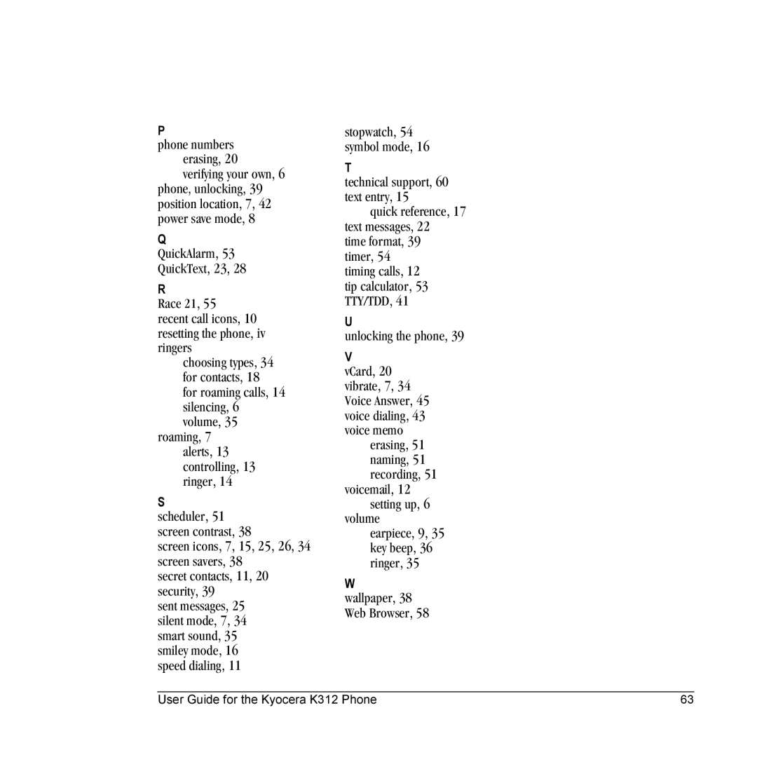 Kyocera K312 manual Unlocking the phone, Volume Earpiece, 9, 35 key beep, 36 ringer 