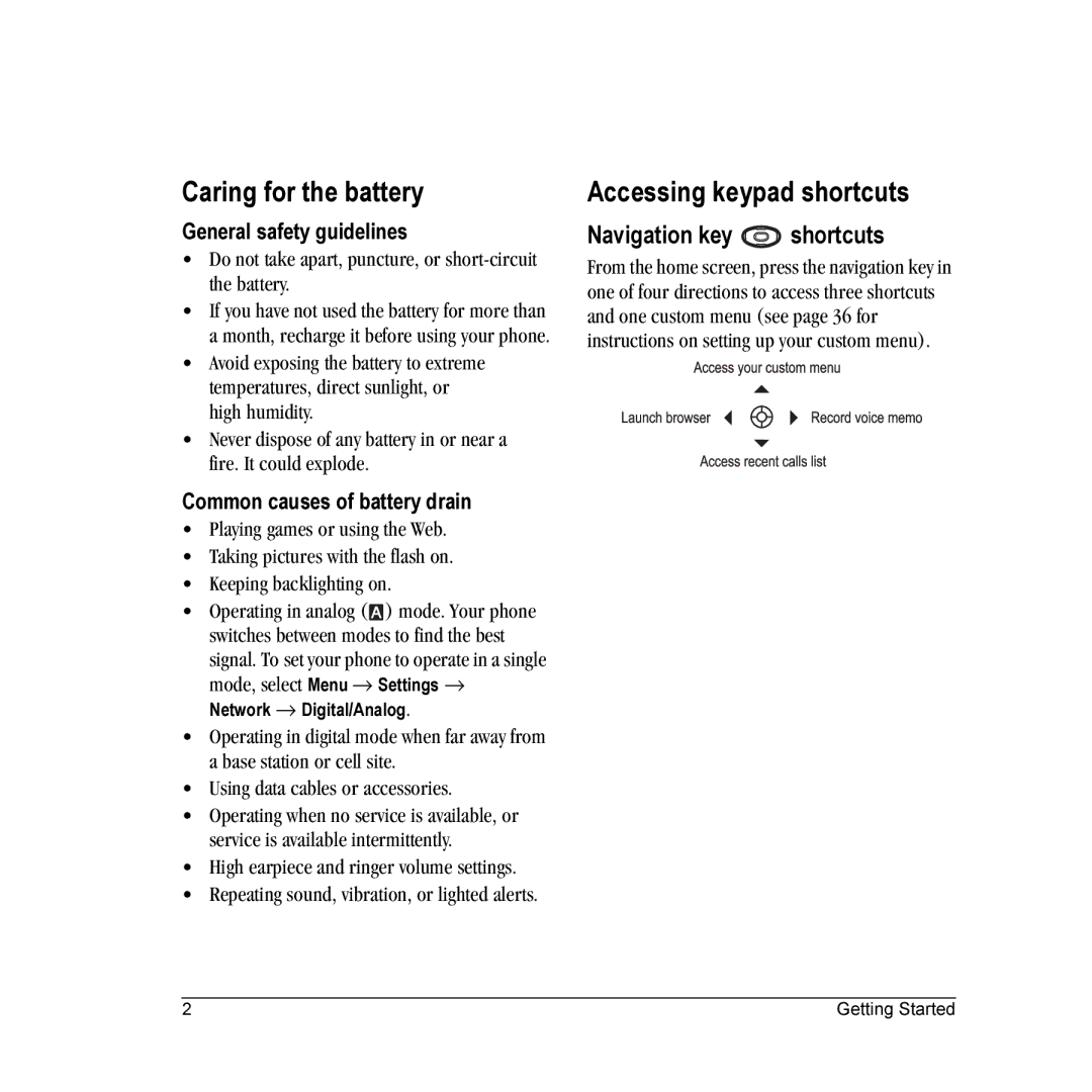 Kyocera K312 manual Caring for the battery, Accessing keypad shortcuts, Navigation key shortcuts, General safety guidelines 