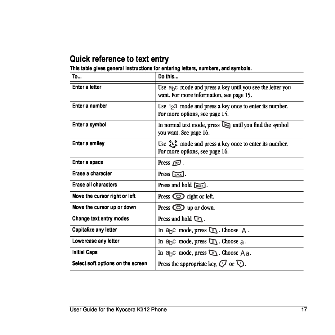 Kyocera K312 manual Quick reference to text entry, Do this 