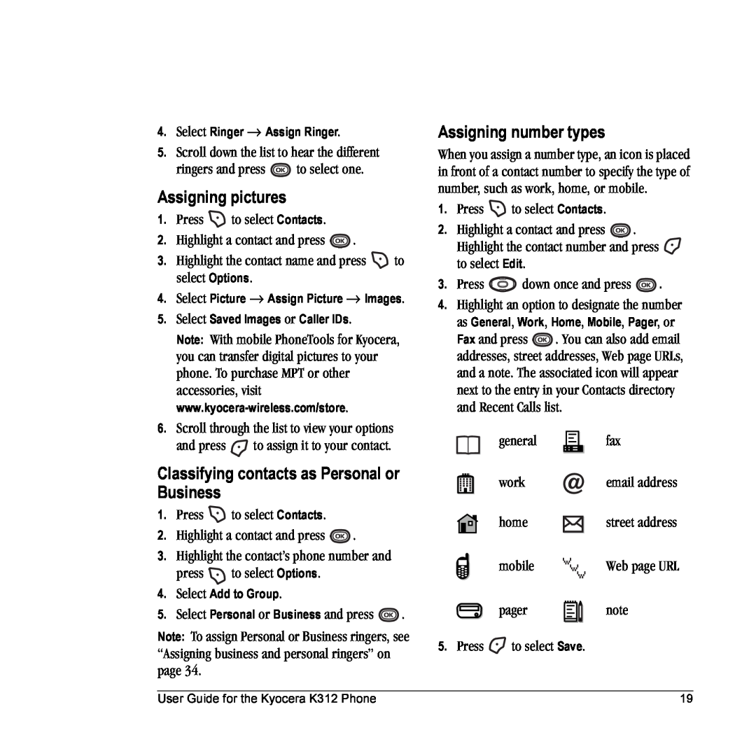 Kyocera K312 manual Assigning pictures, Classifying contacts as Personal or Business, Assigning number types 