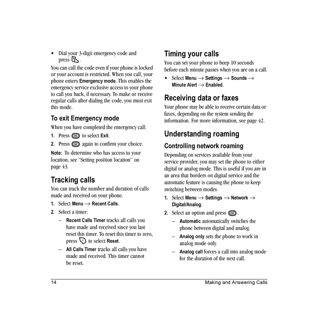 Kyocera K322 manual Tracking calls, Timing your calls, Receiving data or faxes, Understanding roaming 