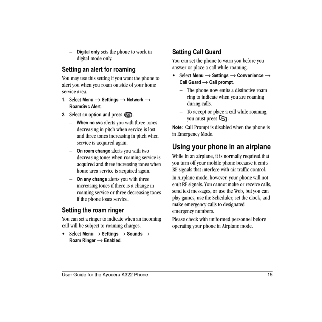 Kyocera K322 Using your phone in an airplane, Setting an alert for roaming, Setting the roam ringer, Setting Call Guard 