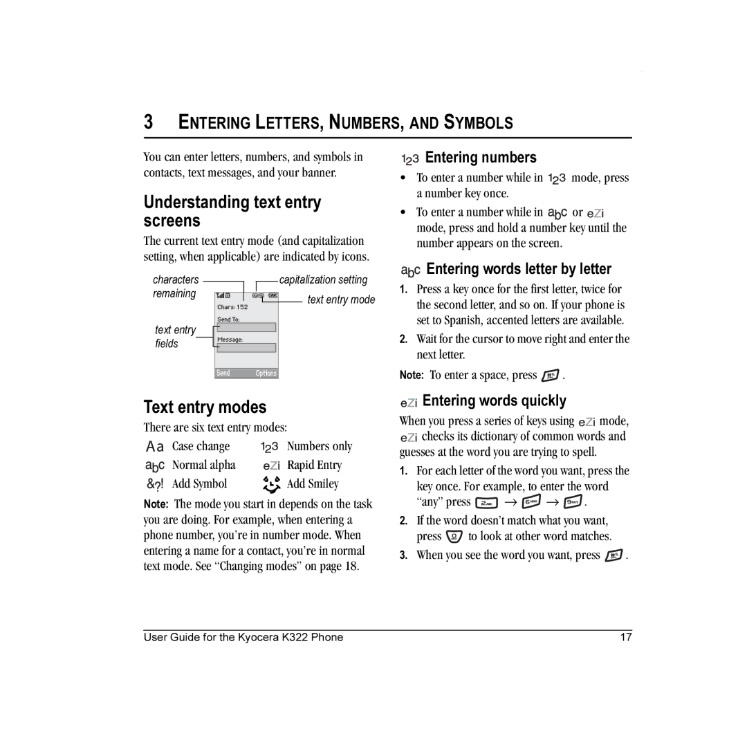 Kyocera K322 manual Understanding text entry screens, Text entry modes, Entering LETTERS, NUMBERS, and Symbols 