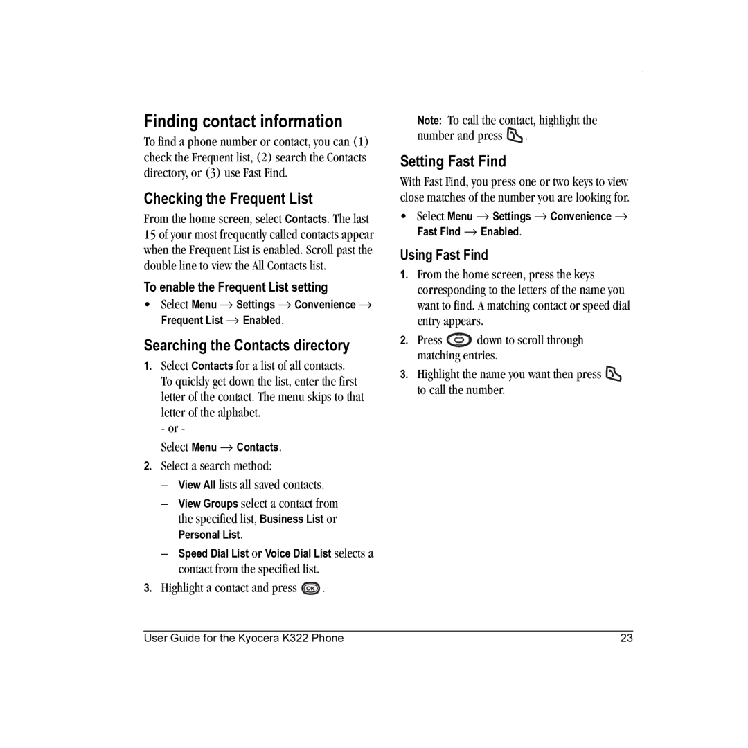 Kyocera K322 Finding contact information, Checking the Frequent List, Searching the Contacts directory, Setting Fast Find 