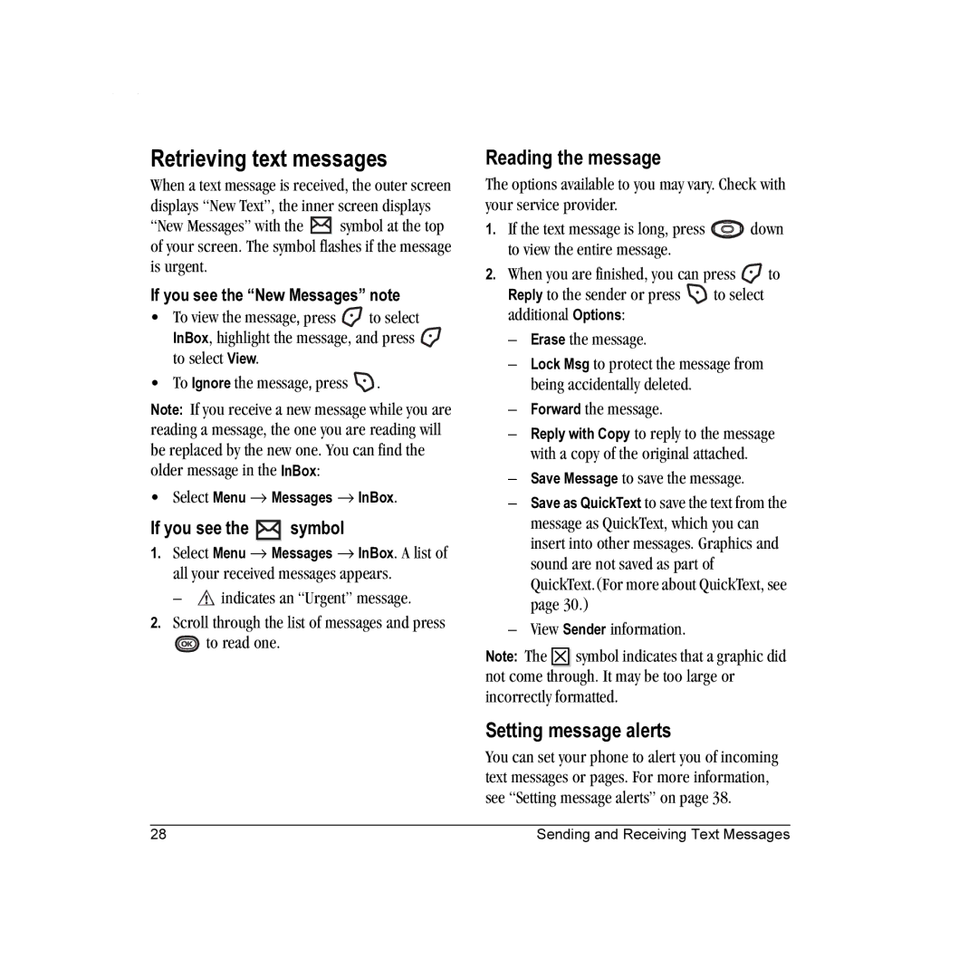 Kyocera K322 manual Retrieving text messages, Reading the message, Setting message alerts, Symbol 