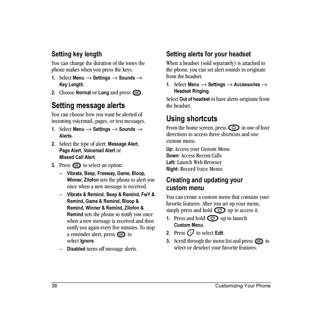 Kyocera K322 manual Setting message alerts, Using shortcuts, Setting key length, Setting alerts for your headset 