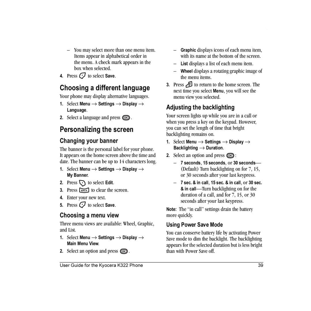 Kyocera K322 manual Choosing a different language, Personalizing the screen, Changing your banner, Choosing a menu view 