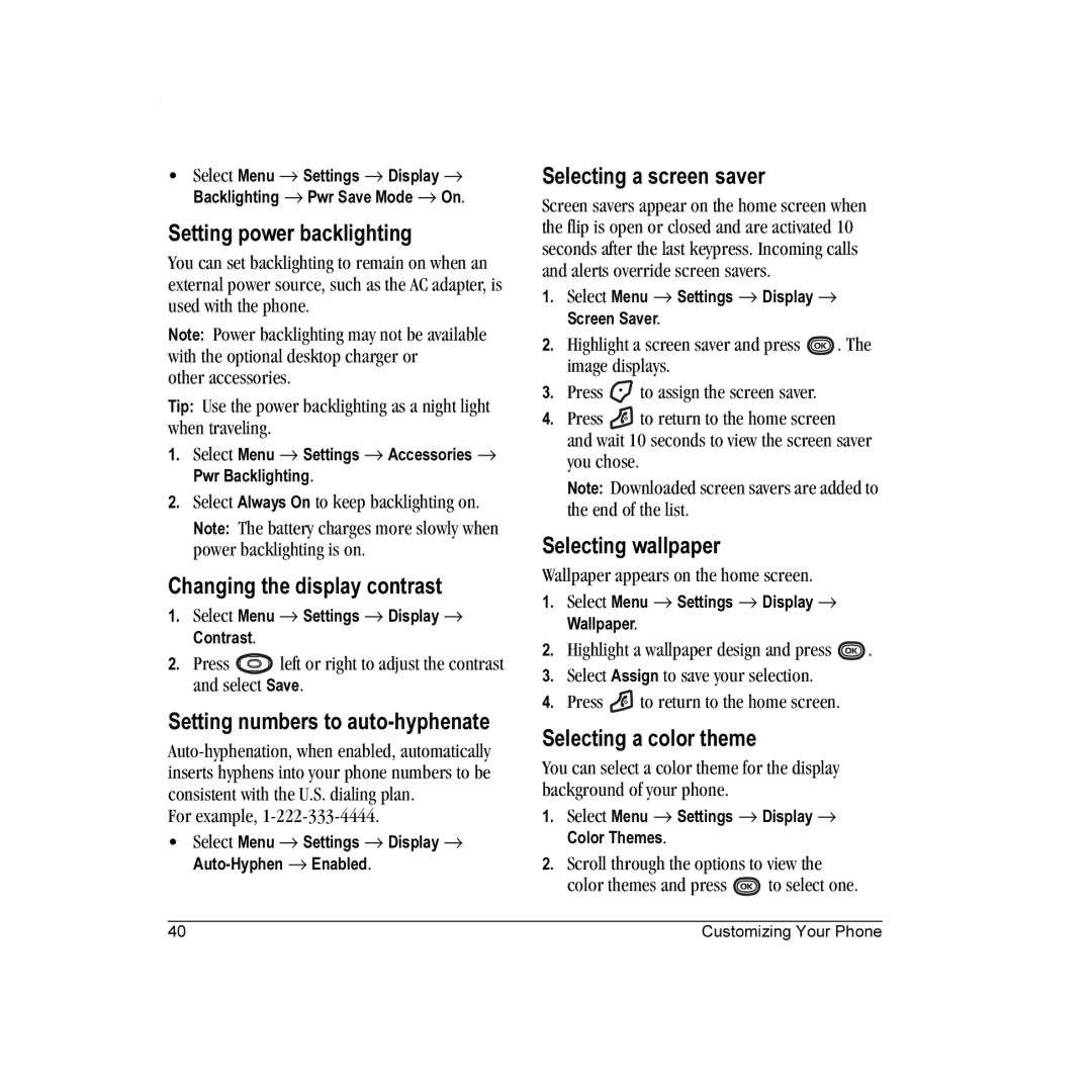 Kyocera K322 manual Setting power backlighting, Changing the display contrast, Setting numbers to auto-hyphenate 