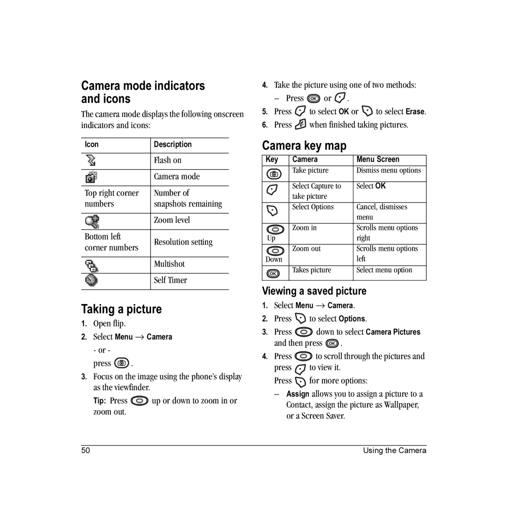 Kyocera K322 manual Camera mode indicators and icons, Taking a picture, Camera key map, Viewing a saved picture 