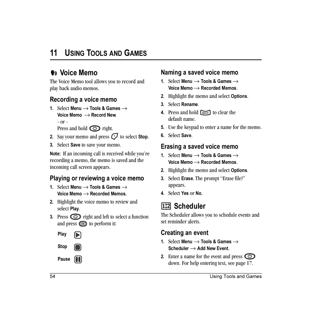 Kyocera K322 manual Voice Memo, Scheduler, Using Tools and Games 