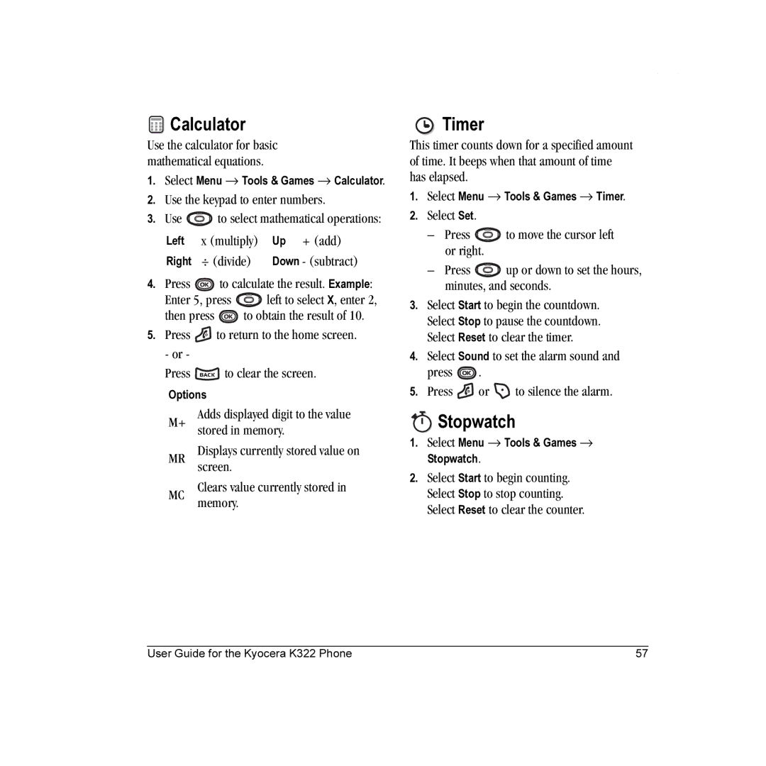 Kyocera K322 manual Calculator, Timer, Stopwatch 