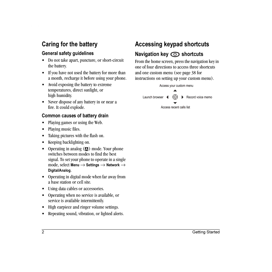 Kyocera K322 manual Caring for the battery, Accessing keypad shortcuts, Navigation key shortcuts, General safety guidelines 