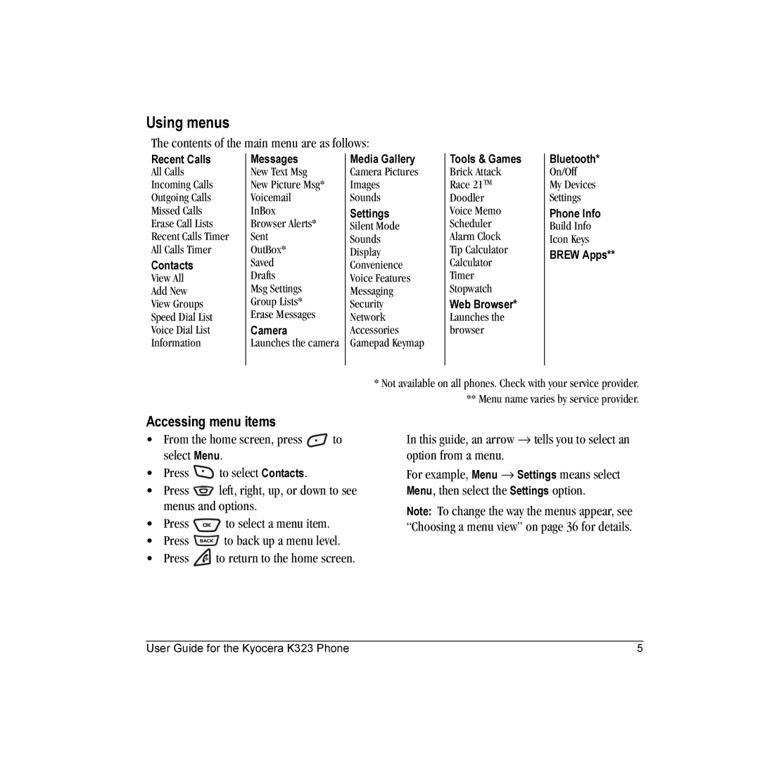 Kyocera K323 manual Using menus, Accessing menu items, Contents of the main menu are as follows 