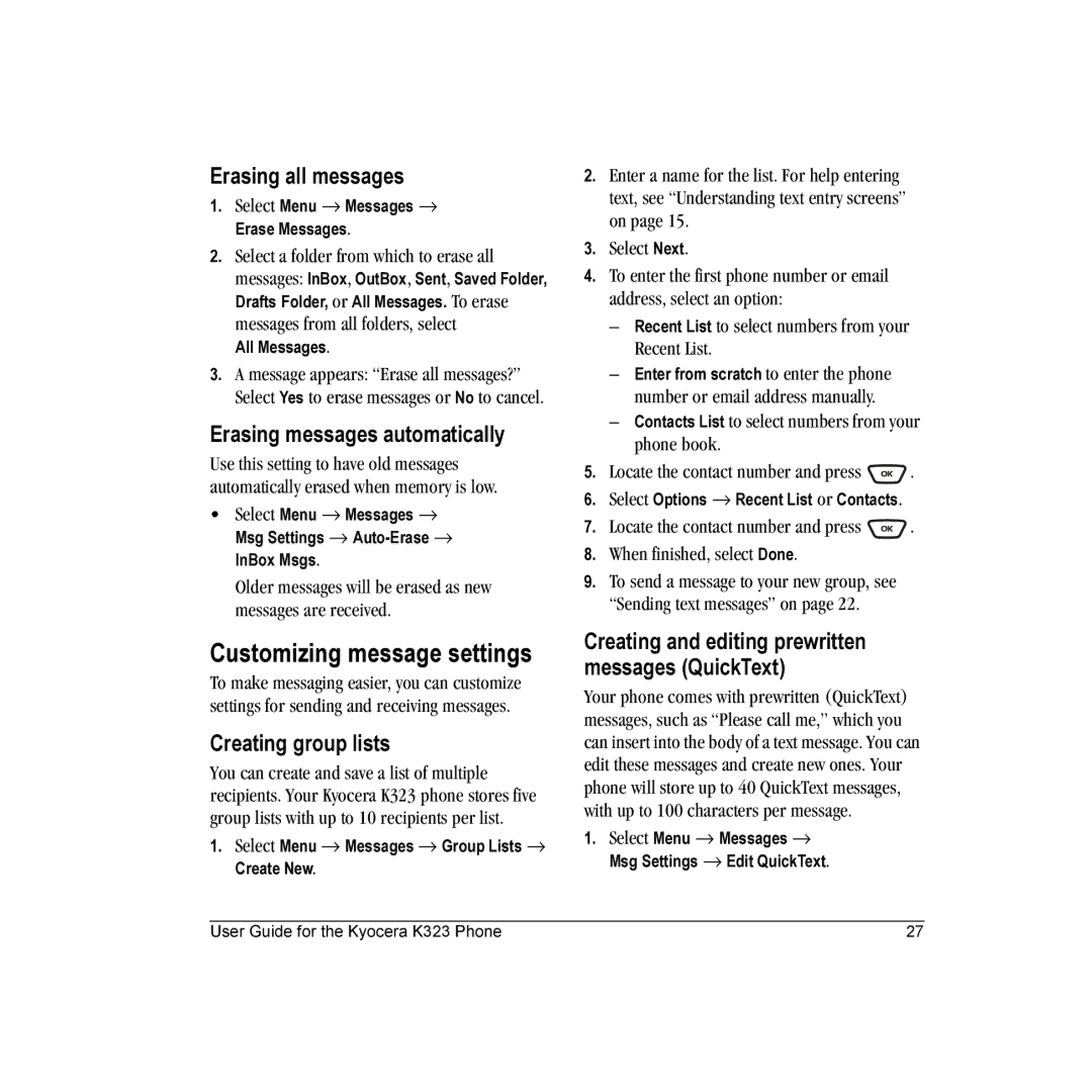 Kyocera K323 Customizing message settings, Erasing all messages, Erasing messages automatically, Creating group lists 