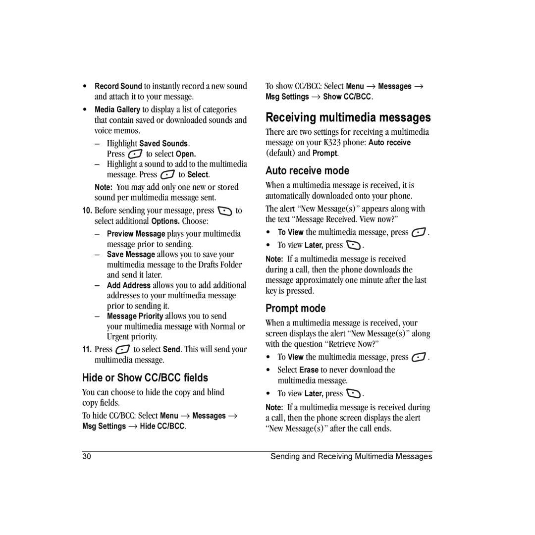 Kyocera K323 manual Receiving multimedia messages, Hide or Show CC/BCC fields, Auto receive mode, Prompt mode 