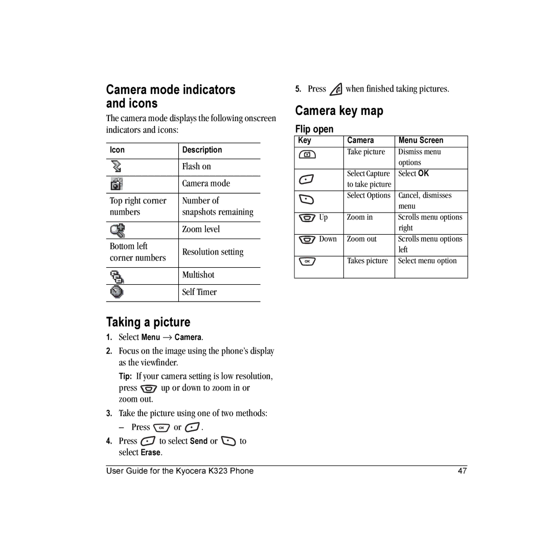 Kyocera K323 manual Camera mode indicators and icons, Taking a picture, Camera key map, Flip open 