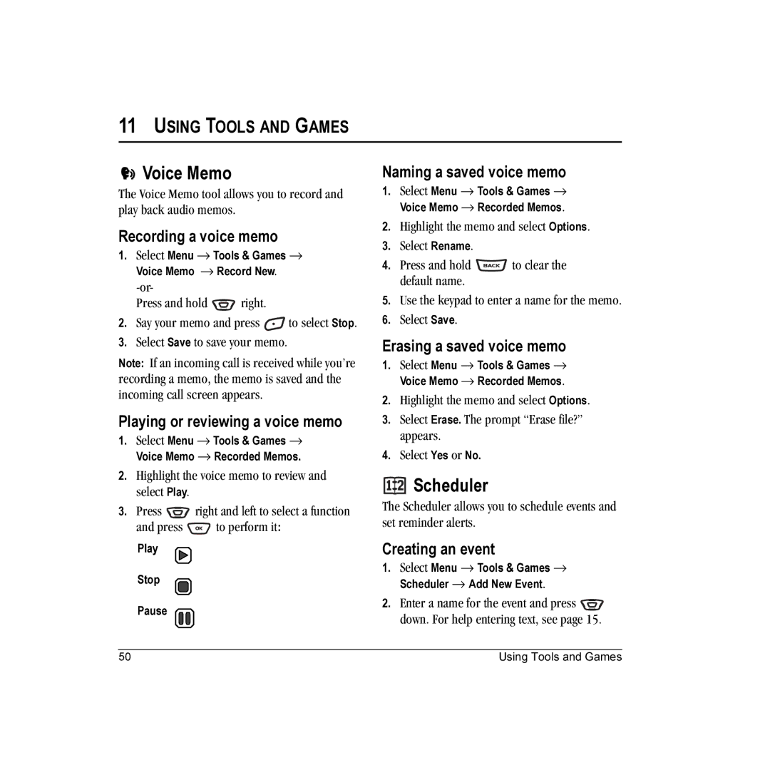 Kyocera K323 manual Voice Memo, Scheduler, Using Tools and Games 