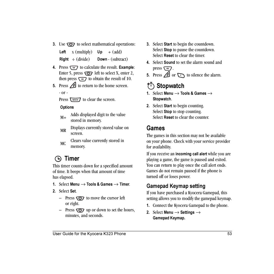 Kyocera K323 manual Stopwatch, Games, Timer, Gamepad Keymap setting 