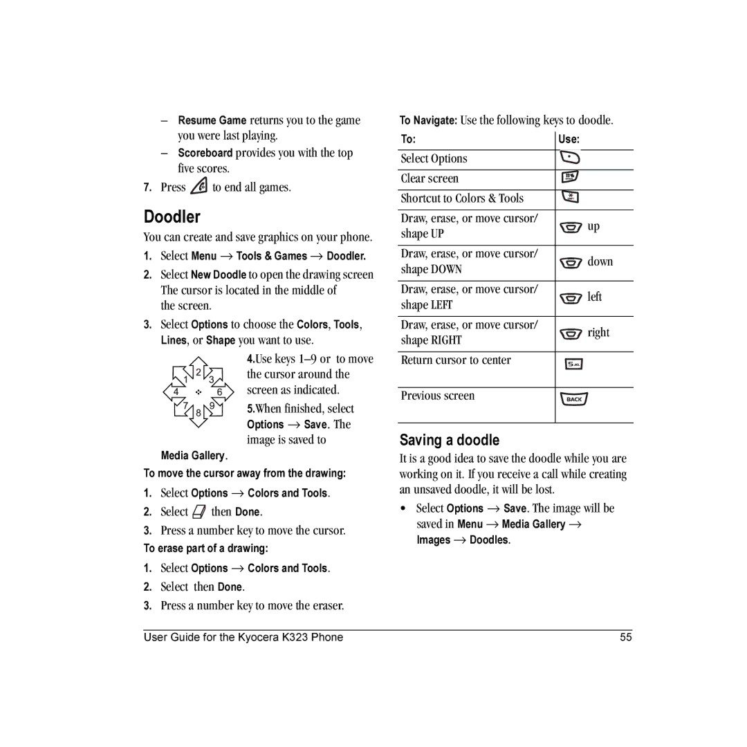 Kyocera K323 manual Doodler, Saving a doodle 