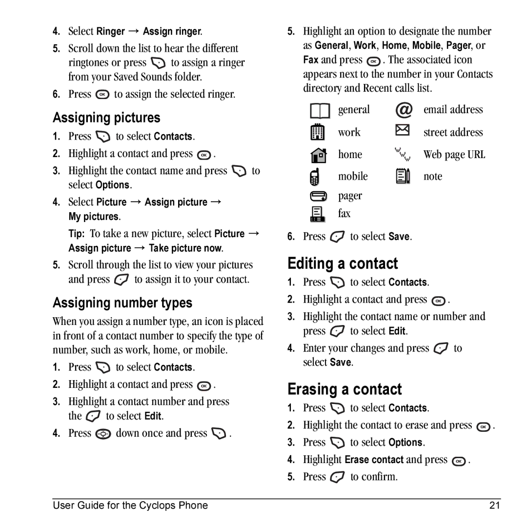 Kyocera K325 manual Editing a contact, Erasing a contact, Assigning pictures, Assigning number types 