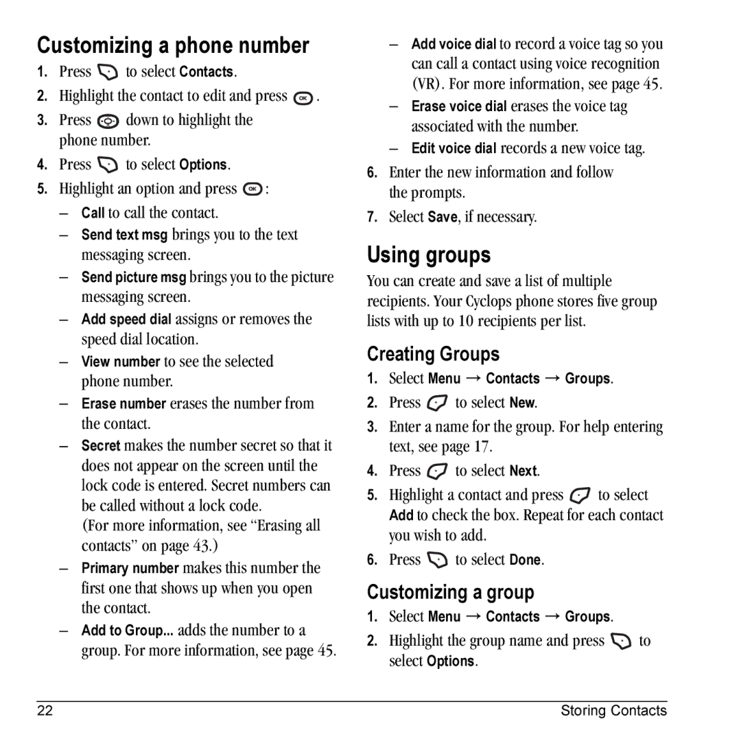 Kyocera K325 manual Customizing a phone number, Using groups, Creating Groups, Customizing a group 