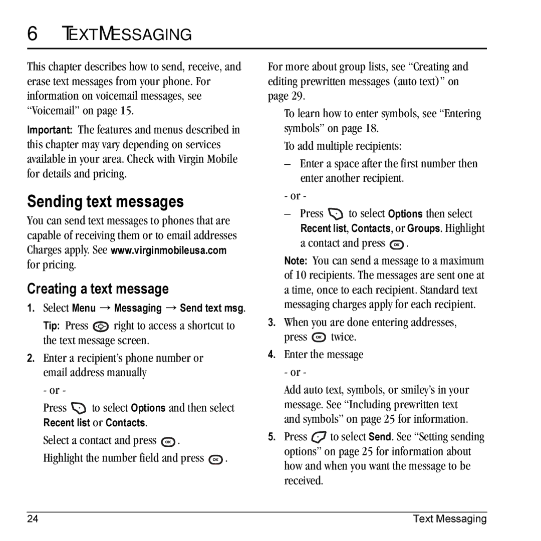 Kyocera K325 manual Sending text messages, Text Messaging, Creating a text message 