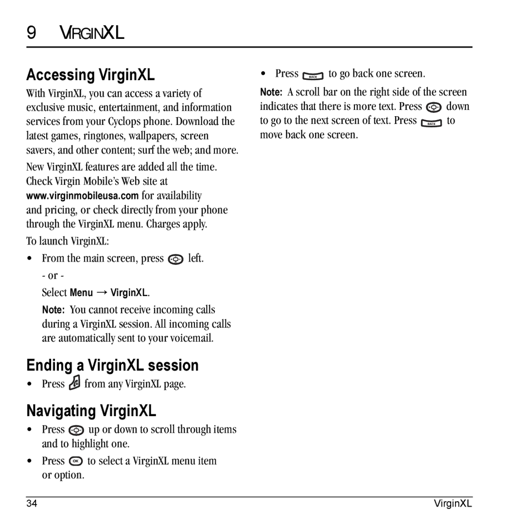 Kyocera K325 manual Accessing VirginXL, Ending a VirginXL session, Navigating VirginXL, Virginxl 