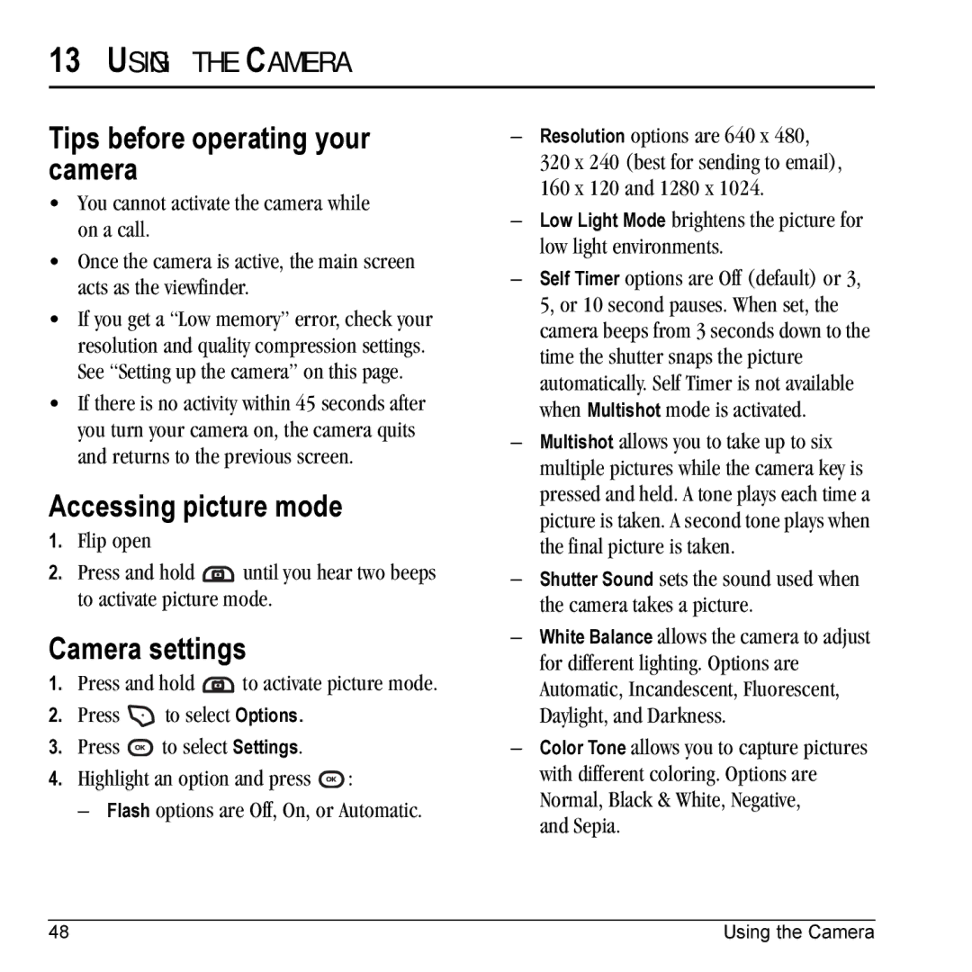 Kyocera K325 manual Tips before operating your camera, Accessing picture mode, Camera settings, Using the Camera, Sepia 