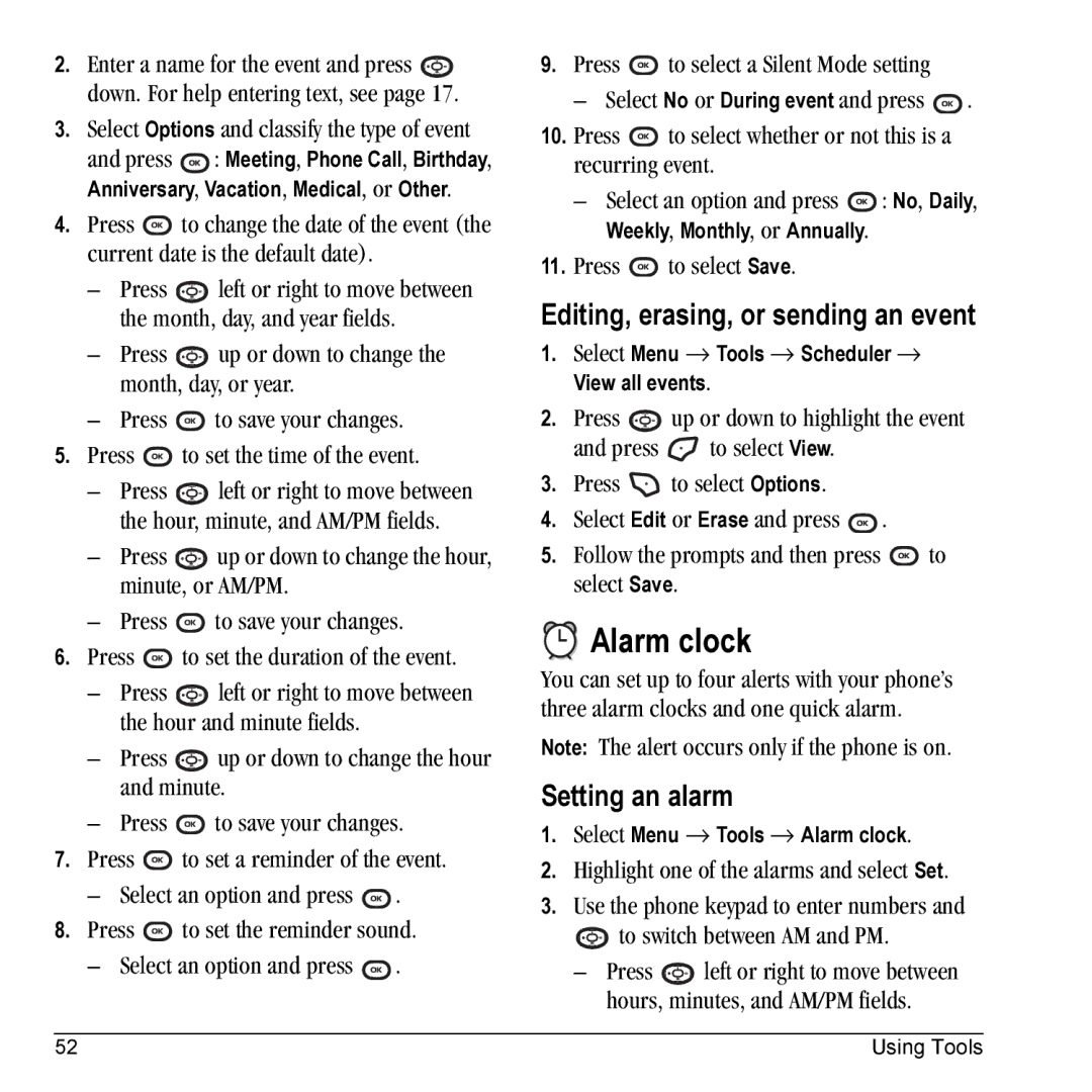 Kyocera K325 manual Alarm clock, Editing, erasing, or sending an event, Setting an alarm 