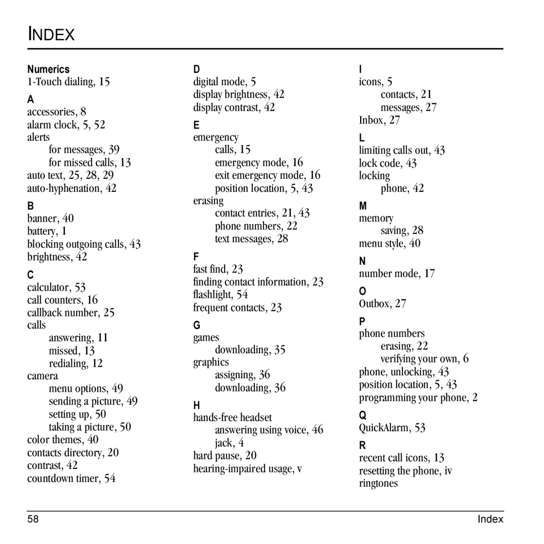 Kyocera K325 manual Index 