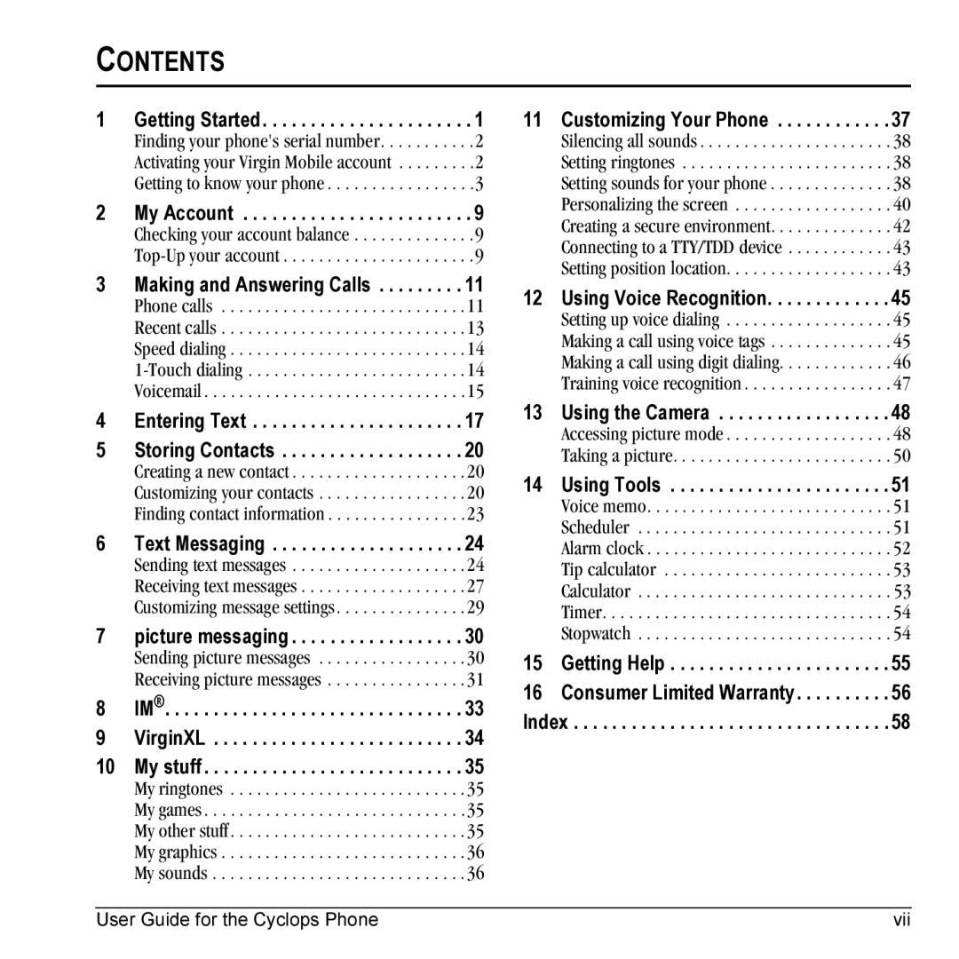 Kyocera K325 manual Contents 