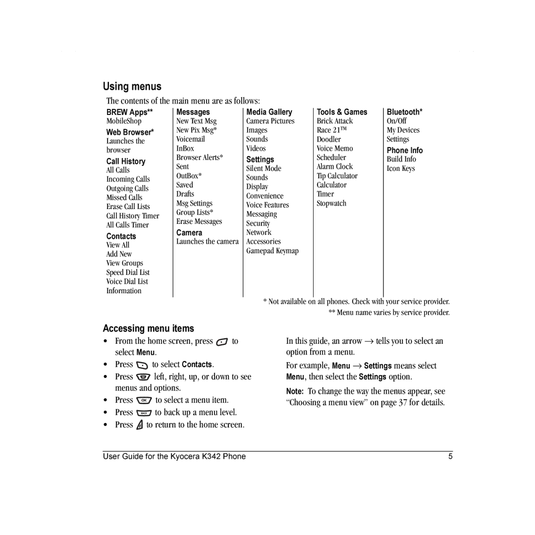 Kyocera K342 manual Using menus, Accessing menu items, Contents of the main menu are as follows 