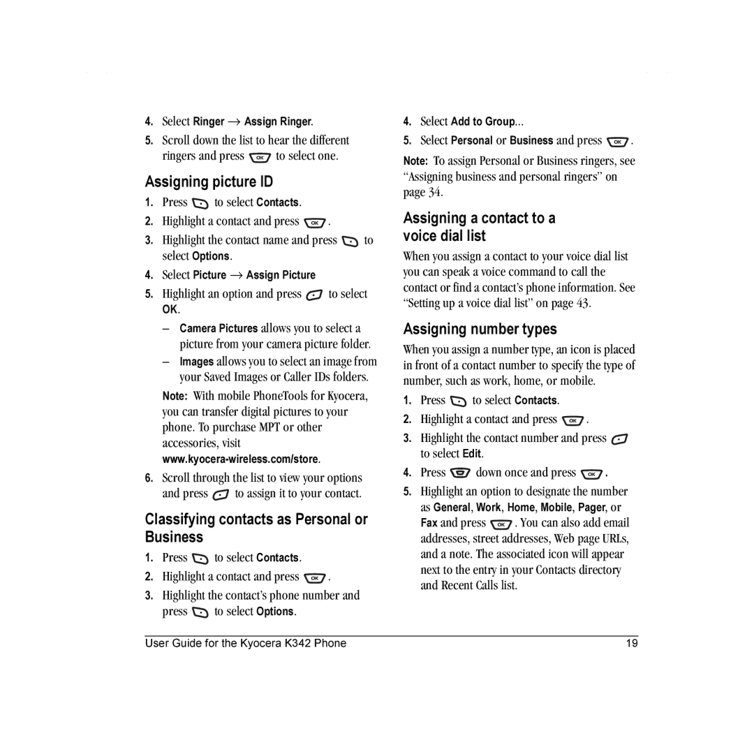 Kyocera K342 Assigning picture ID, Classifying contacts as Personal or Business, Assigning a contact to a voice dial list 