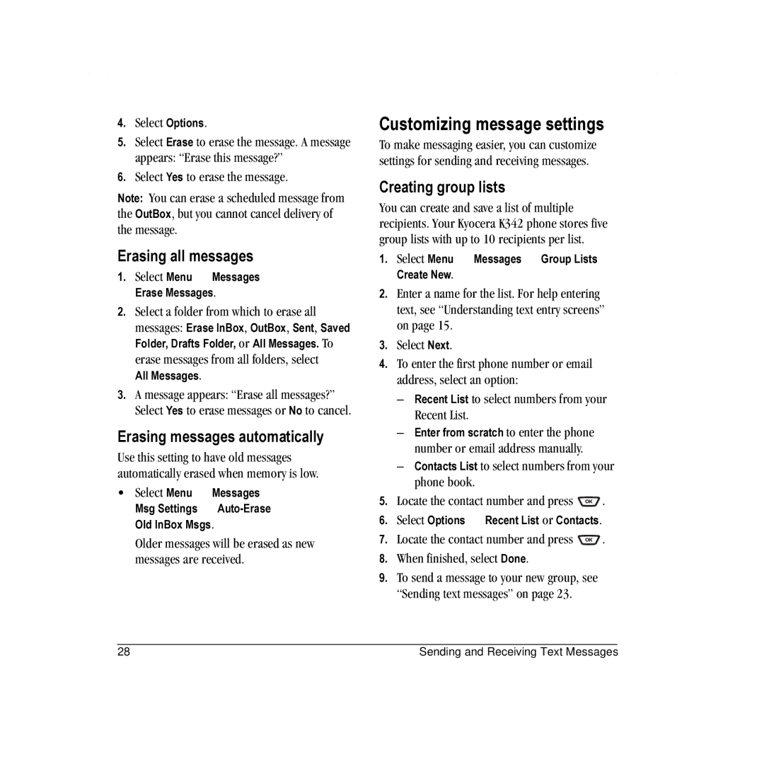 Kyocera K342 Customizing message settings, Erasing all messages, Erasing messages automatically, Creating group lists 