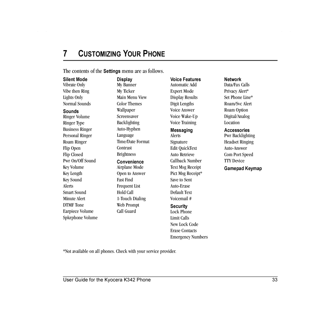 Kyocera K342 manual Customizing Your Phone, Contents of the Settings menu are as follows 