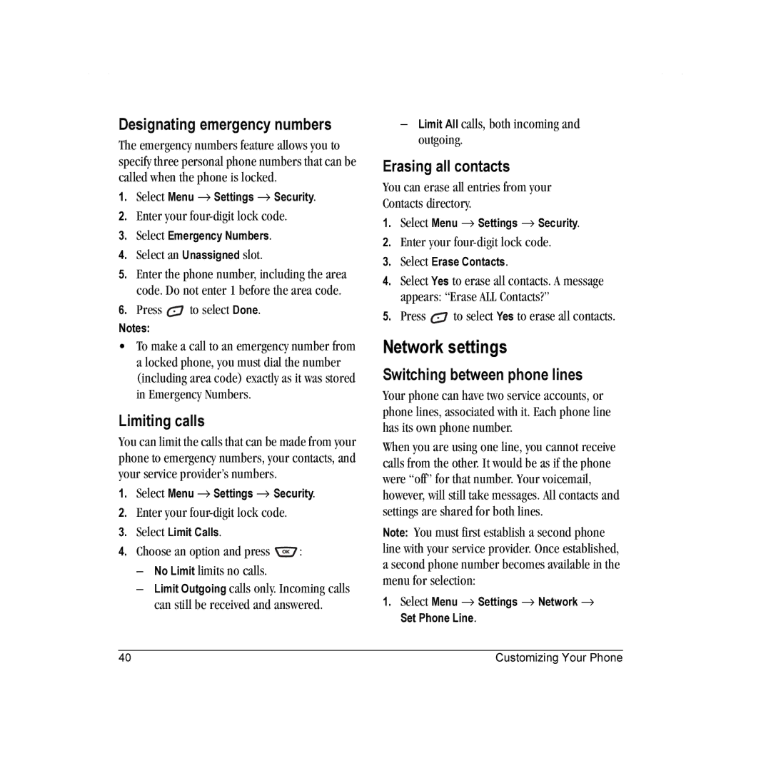 Kyocera K342 manual Network settings, Designating emergency numbers, Limiting calls, Erasing all contacts 