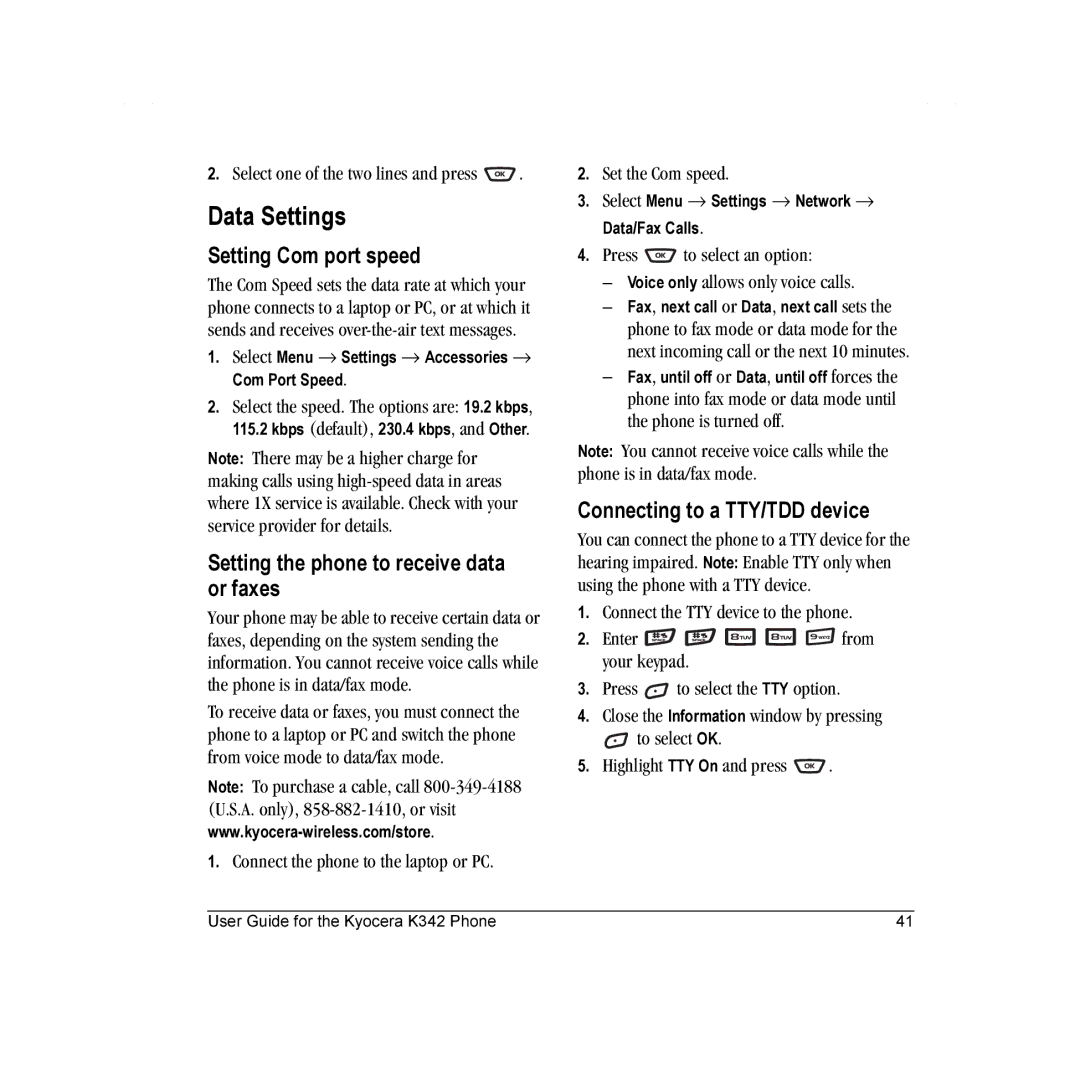 Kyocera K342 manual Data Settings, Setting Com port speed, Setting the phone to receive data or faxes 