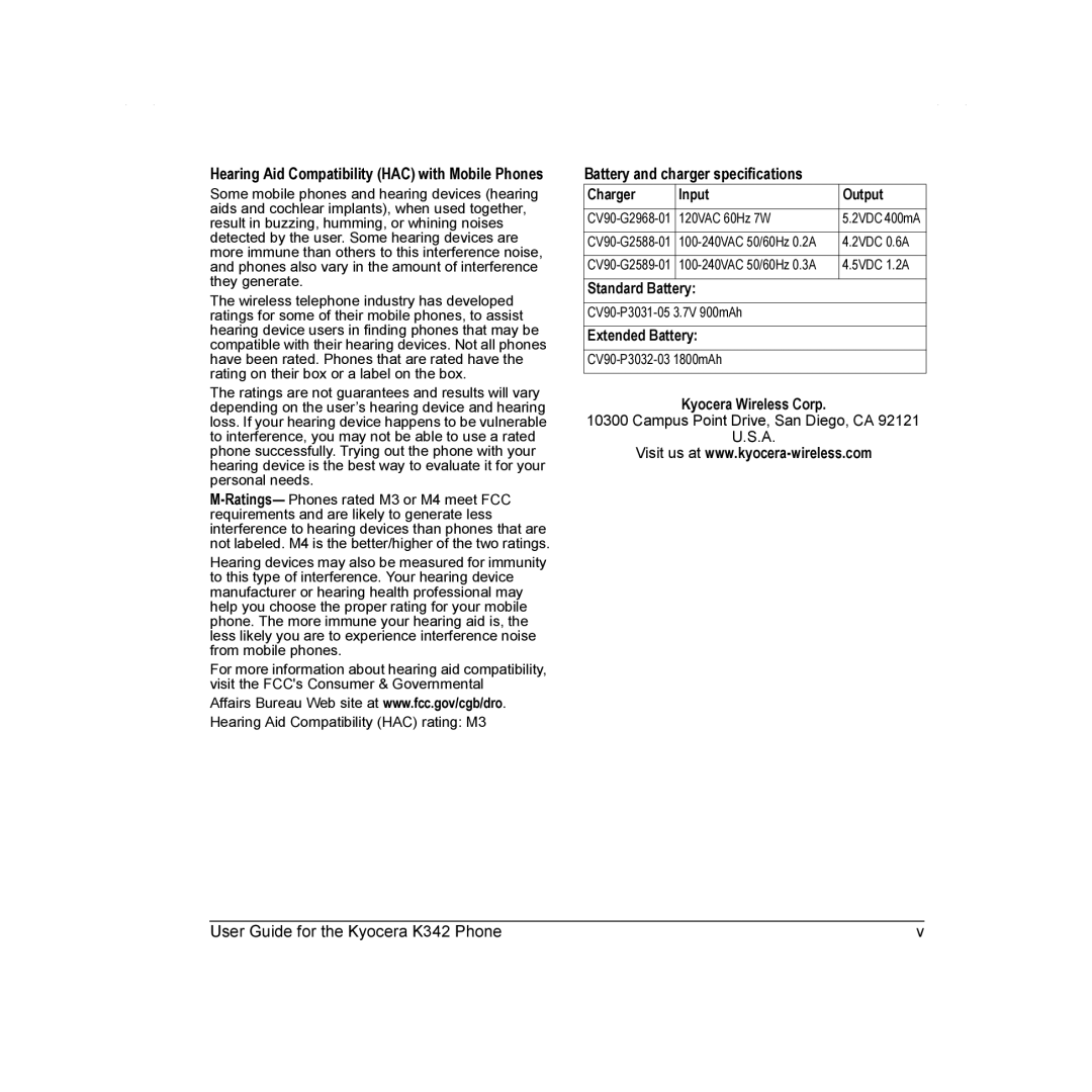 Kyocera K342 manual Standard Battery 