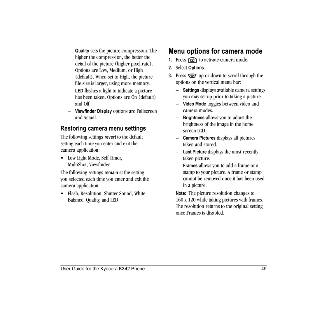 Kyocera K342 Menu options for camera mode, Restoring camera menu settings, Press to activate camera mode Select Options 