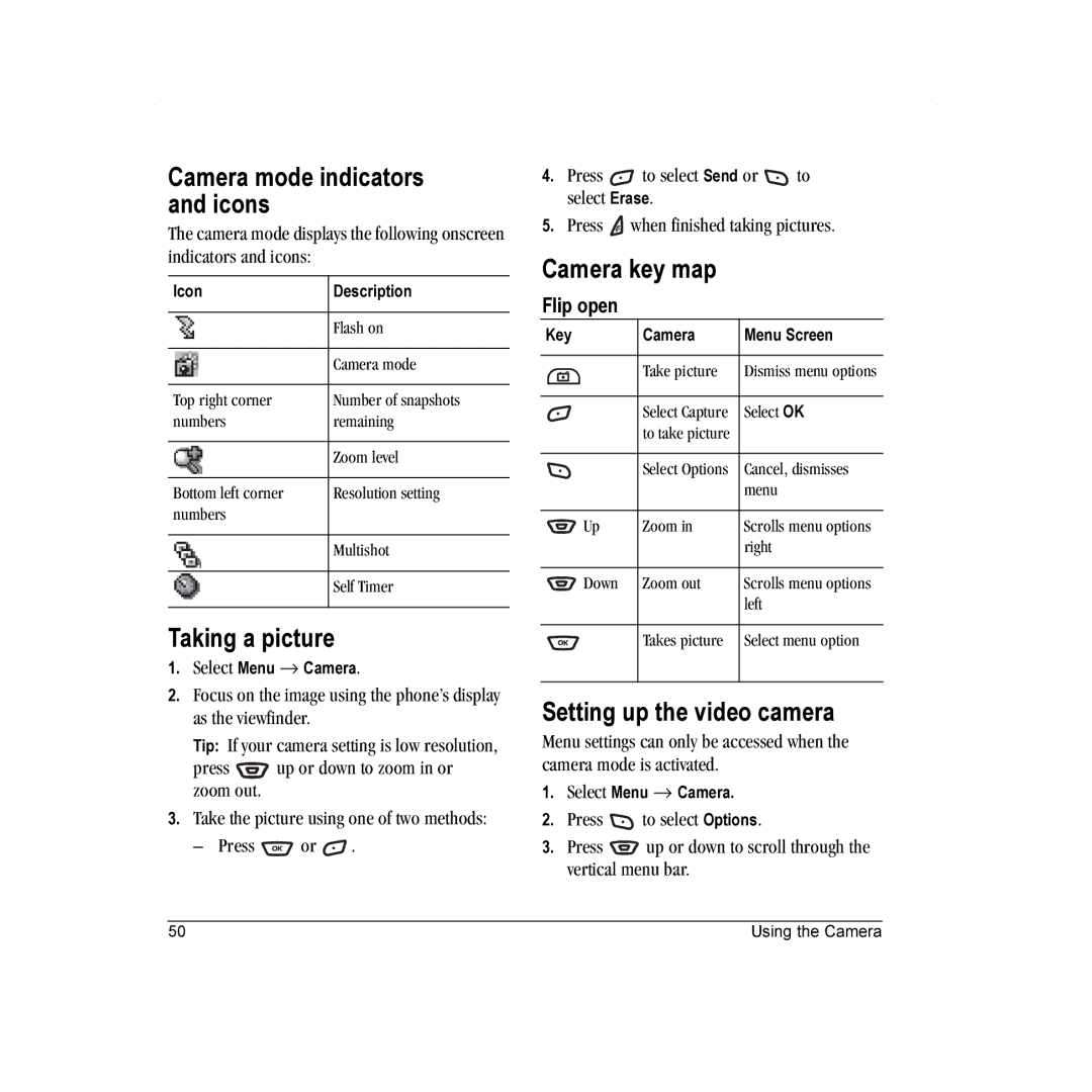 Kyocera K342 Camera mode indicators and icons, Taking a picture, Camera key map, Setting up the video camera, Flip open 