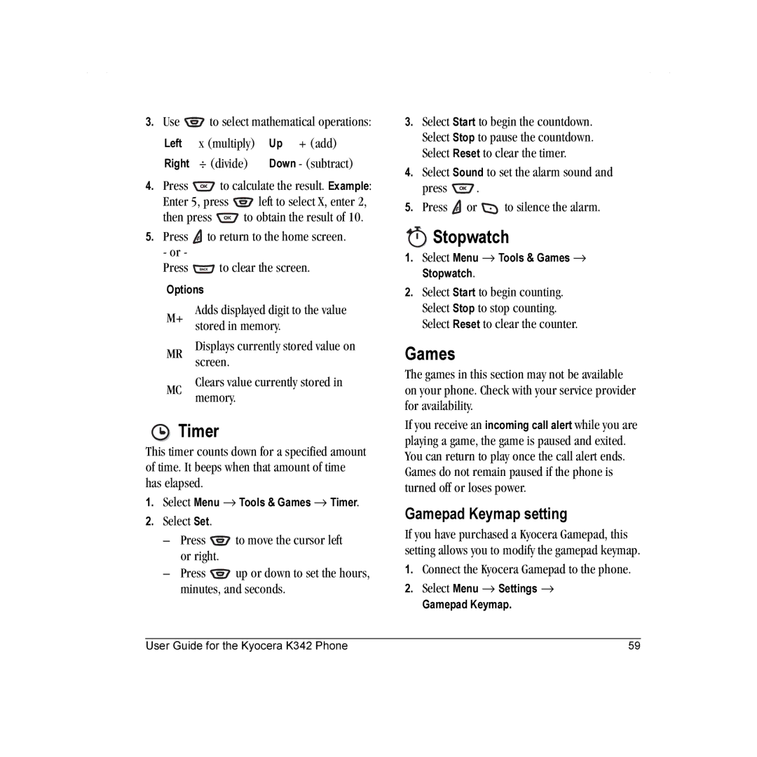 Kyocera K342 manual Stopwatch, Games, Timer, Gamepad Keymap setting 