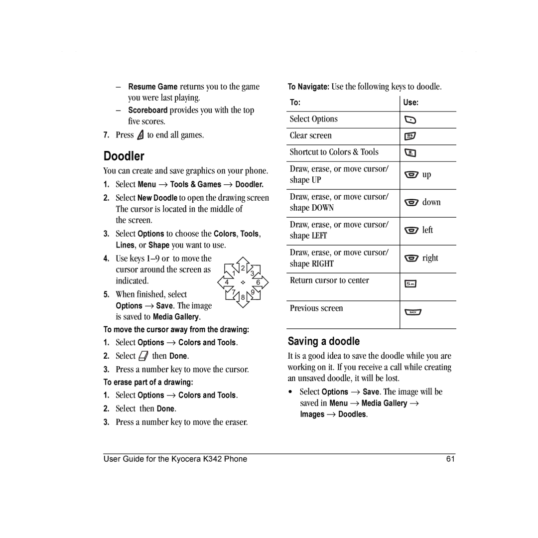 Kyocera K342 manual Doodler, Saving a doodle, Screen, Select then Done Press a number key to move the cursor, Shape Down 