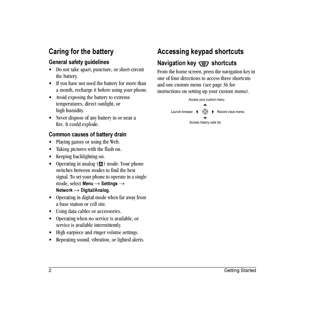 Kyocera K342 manual Caring for the battery, Accessing keypad shortcuts, Navigation key shortcuts, General safety guidelines 
